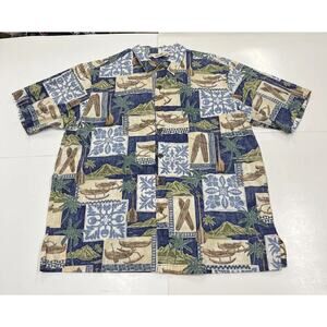 Paradise Bay Hawaiian Shirt Mens XL Blue Palms Button Up VTG Cotton Pocket